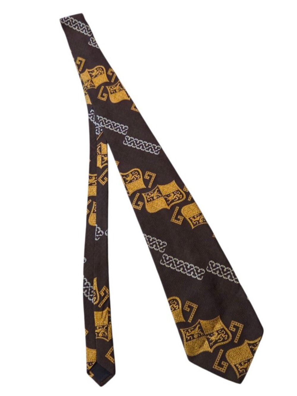 80s 90s Regal Crest Brown Gold Vintage Tie Sharp Heraldic Geometric Pattern